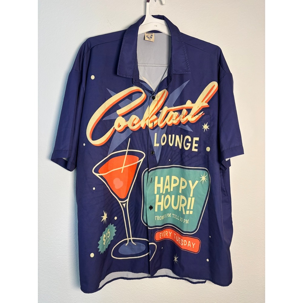 Hardaddy Mens XXL Cocktail Lounge Happy Hour Graphic Button Up Shirt Navy Blue